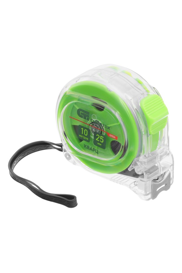 Рулетка Кварц,прозрачный корпус,амортизатор,10 м х 25 мм Сибртех