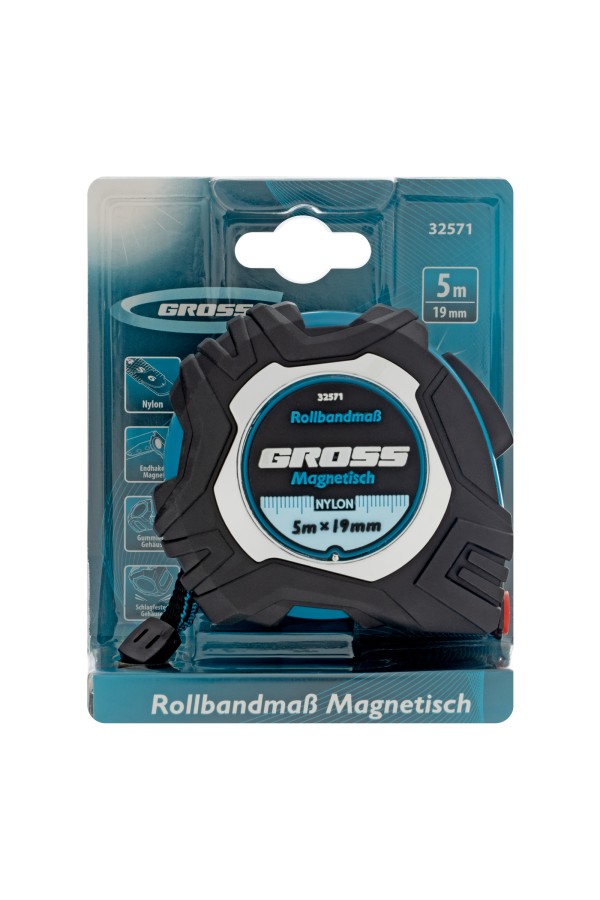 Рулетка Magnetisch 5 м х 19 мм,обрезиненный корпус,автоматическая фиксация,Нейлоновое покрытиеытие,зацеп с магнитом Gross