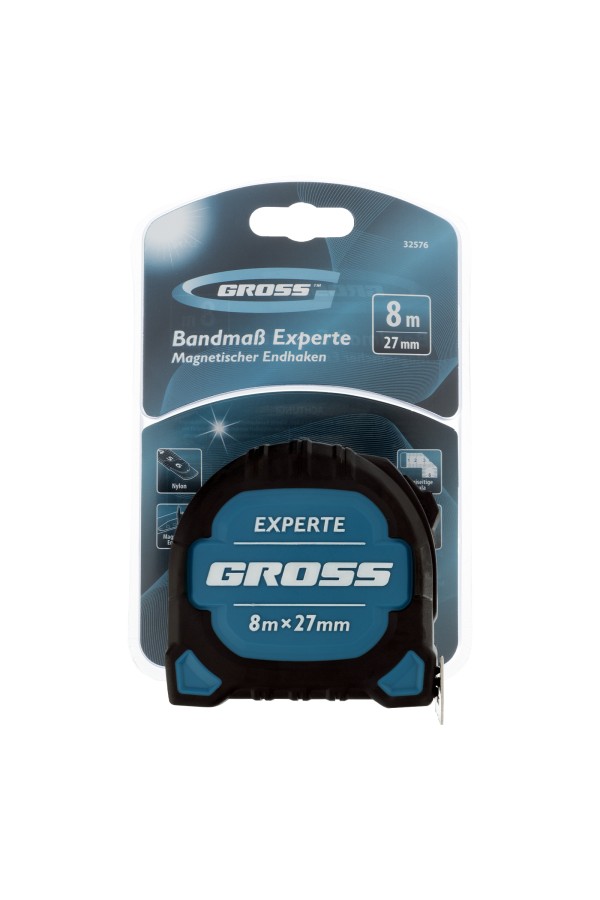 Рулетка Experte,8 м x 27 мм,двухкомпонентный корпус,магнит,двухсторонняя разметка,нейлон Gross