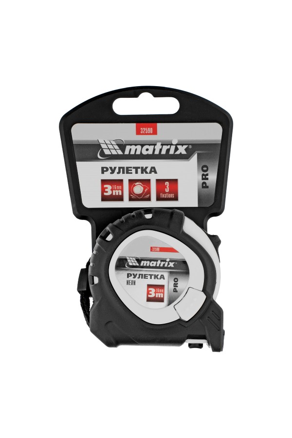 Рулетка Neon,3 м x 16 мм,обрезиненный корпус,3 фиксации,Pro Matrix