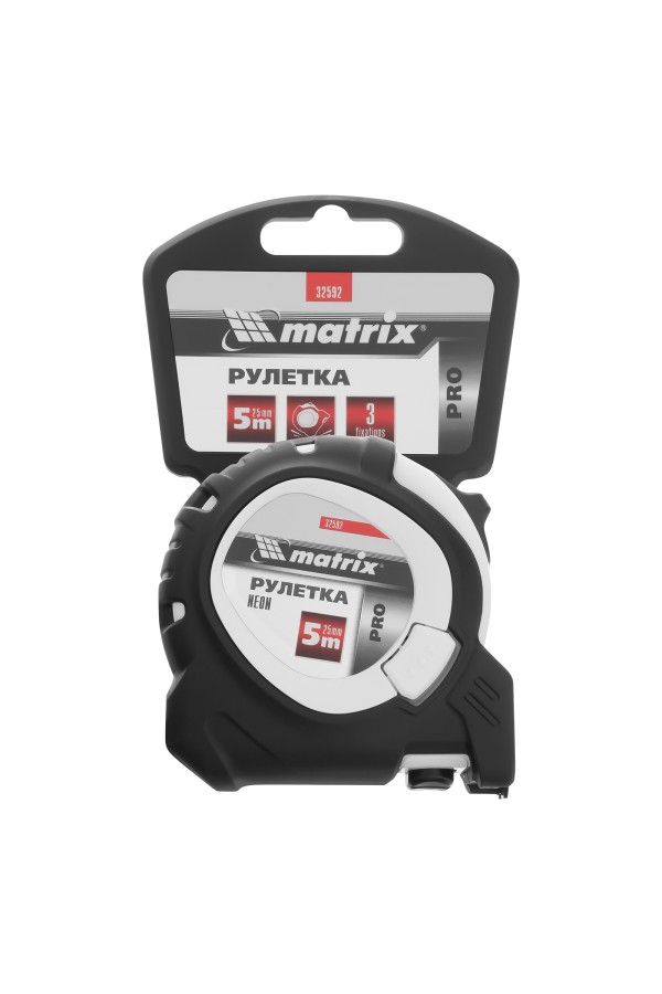 Рулетка Neon,5 м x 25 мм,обрезиненный корпус,3 фиксации,Pro Matrix