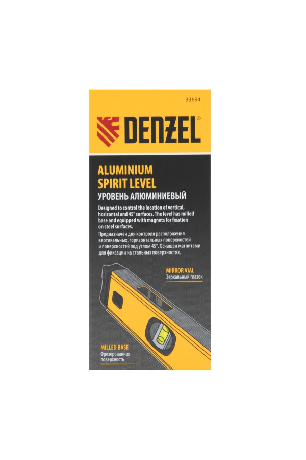 Уровень алюминиевый, магнит, фрезерованный, 3 глазка (1 зеркал.) 0,5 мм/м, 1200 мм Denzel