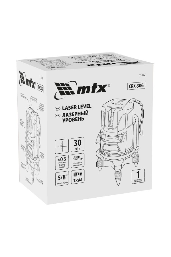 Лазерный уровень CRX-30G, 30 м, зеленый луч, батарейки, резьба 5/8