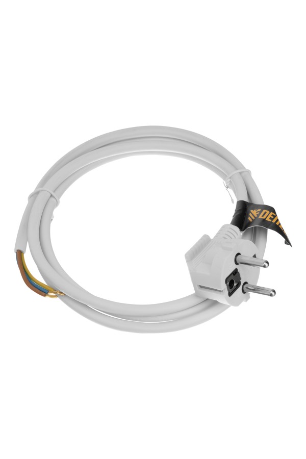 Шнур сетевой Energy Series, ПВС, 1,5 м, 3 x 1 мм, с неразборной вилкой, белый, Denzel