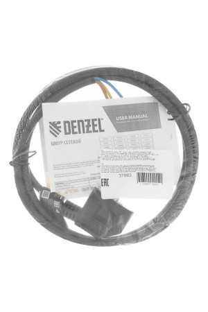 Шнур сетевой Energy Series, ПВС, 1,5 м, 3 x 1 мм, с неразборной вилкой, черный, 3 м Denzel