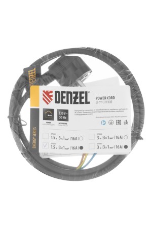 Шнур сетевой Energy Series, ПВС, 1,5 м, 3 x 1 мм, с неразборной вилкой, черный, 3 м Denzel