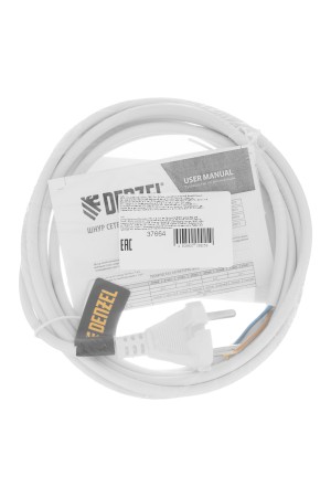 Шнур сетевой Energy Series, ПВС, 3 м, 2 x 1 мм, с неразборной вилкой, белый, 3 м Denzel