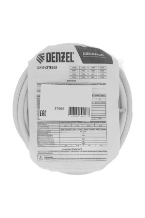 Шнур сетевой Energy Series, ПВС, 3 м, 3 x 1 мм, с неразборной вилкой, белый, 3 м Denzel