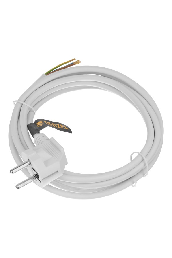 Шнур сетевой Energy Series, ПВС, 3 м, 3 x 1 мм, с неразборной вилкой, белый, Denzel