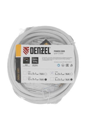Шнур сетевой Energy Series, ПВС, 3 м, 3 x 1 мм, с неразборной вилкой, белый, 3 м Denzel