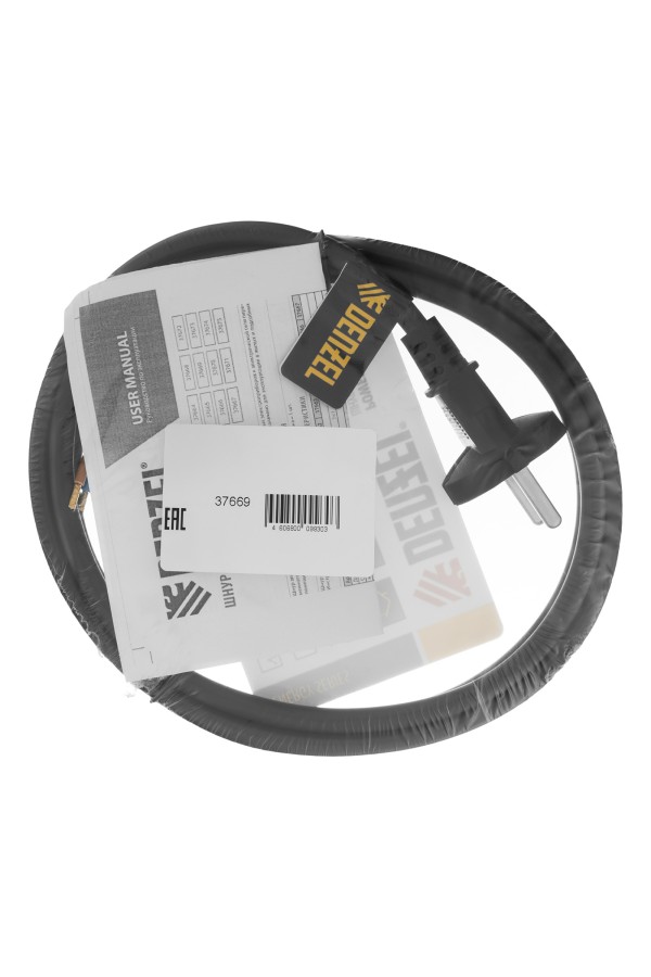 Шнур сетевой Energy Series, ПВС, 1,5 м, 2 x 1,5 мм, с неразборной вилкой, черный, Denzel