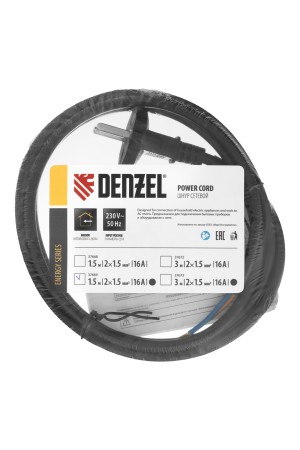 Шнур сетевой Energy Series, ПВС, 1,5 м, 2 x 1,5 мм, с неразборной вилкой, черный, 3 м Denzel