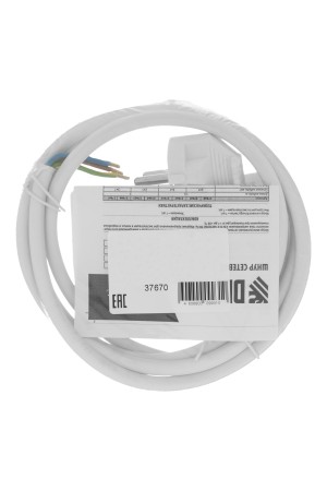 Шнур сетевой Energy Series, ПВС, 1,5 м, 3 x 1,5 мм, с неразборной вилкой, белый, 3 м Denzel
