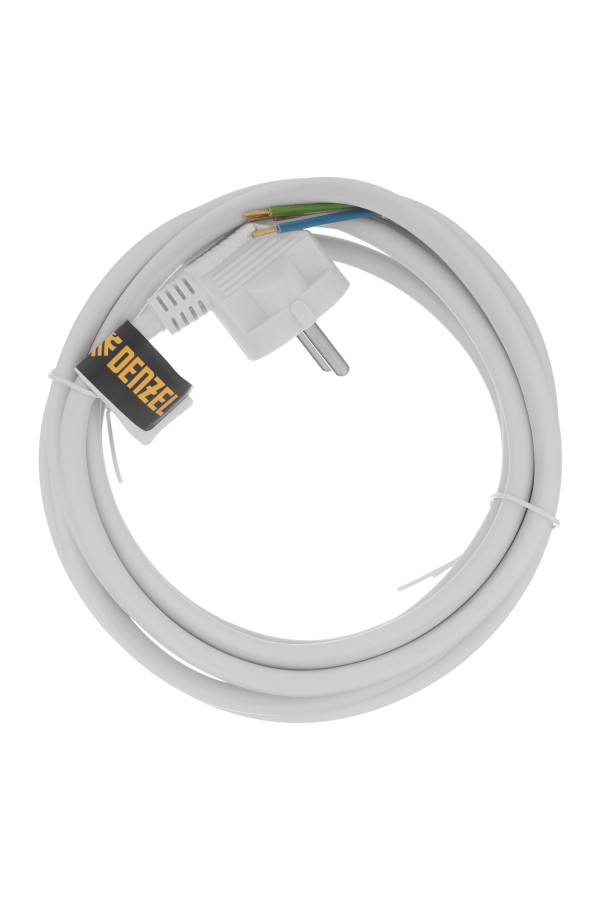 Шнур сетевой Energy Series, ПВС, 3 м, 3 x 1,5 мм, с неразборной вилкой, белый, Denzel