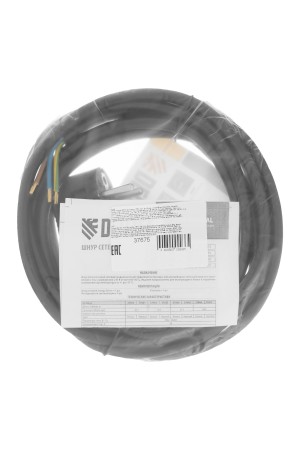 Шнур сетевой Energy Series, ПВС, 3 м, 3 x 1,5 мм, с неразборной вилкой, черный, 3 м Denzel