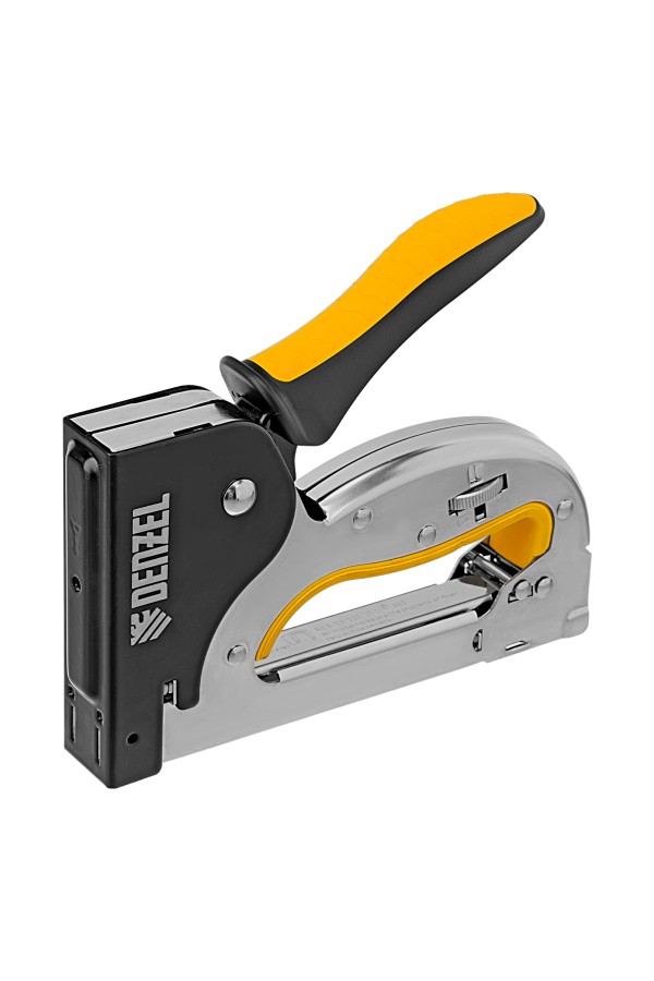 Степлер металл., скобы в комплекте, плавная регулировка удара, 2К рукоятка, тип 53, 4-14 мм Denzel