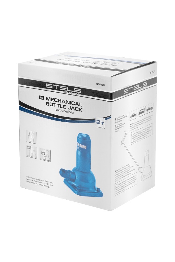 Домкрат механический бутылочный, 2 т, h подъема 210–390 мм, 2 части (домкрат, ручка) Stels