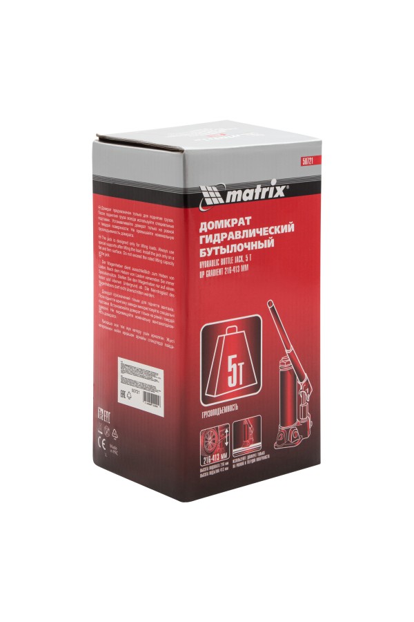 Домкрат гидравлический бутылочный, 5 т, высота подъема 216-413 мм Matrix