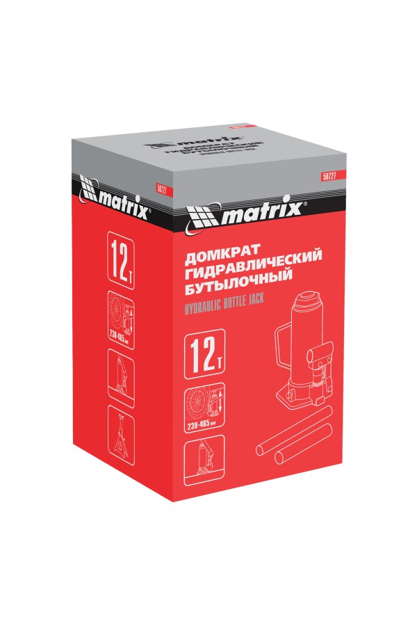 Домкрат гидравлический бутылочный, 12 т, высота подъема 230-465 мм Matrix