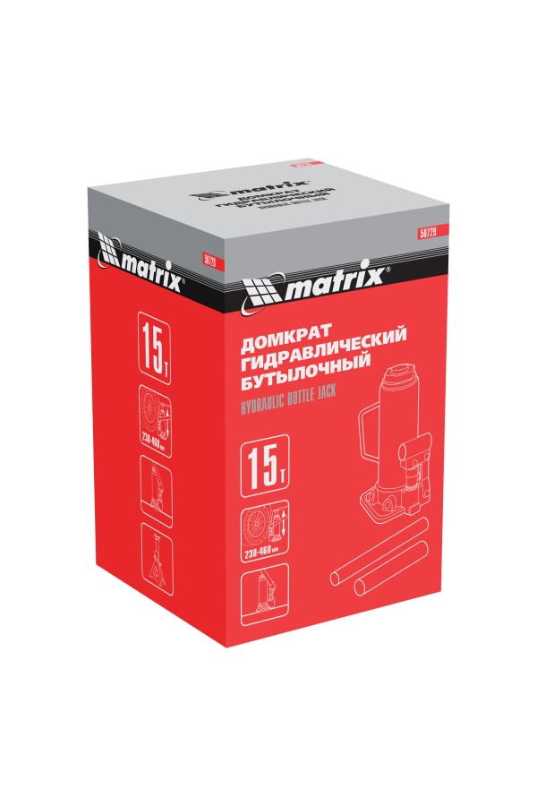 Домкрат гидравлический бутылочный, 15 т, высота подъема 230-460 мм Matrix