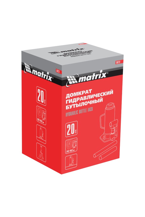 Домкрат гидравлический бутылочный, 20 т, высота подъема 242-452 мм Matrix