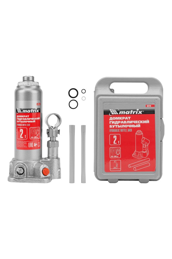 Домкрат гидравлический бутылочный, 2 т, высота подъема 181-345 мм, в пластиковый кейсе Matrix