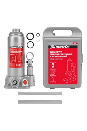Домкрат гидравлический бутылочный, 3 т, высота подъема 194-372 мм, в пластиковый кейсе Matrix