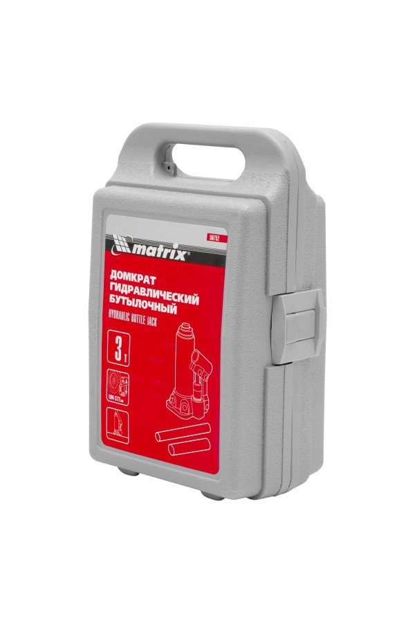 Домкрат гидравлический бутылочный, 3 т, высота подъема 194-372 мм, в пластиковый кейсе Matrix