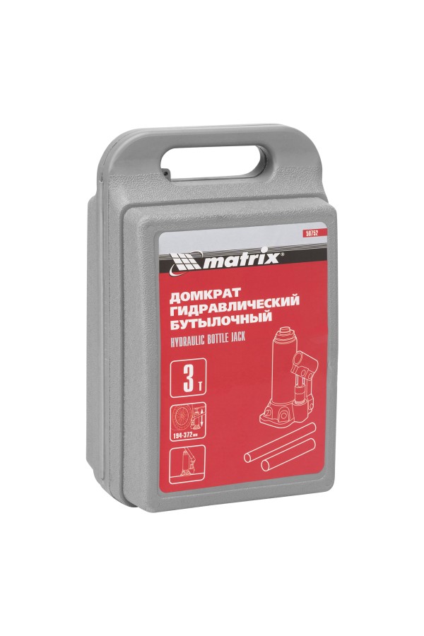 Домкрат гидравлический бутылочный, 3 т, высота подъема 194-372 мм, в пластиковый кейсе Matrix
