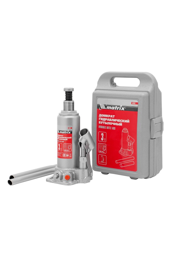Домкрат гидравлический бутылочный, 3 т, высота подъема 194-372 мм, в пластиковый кейсе Matrix