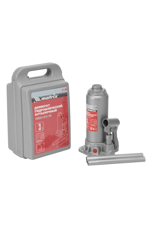 Домкрат гидравлический бутылочный, 3 т, высота подъема 194-372 мм, в пластиковый кейсе Matrix