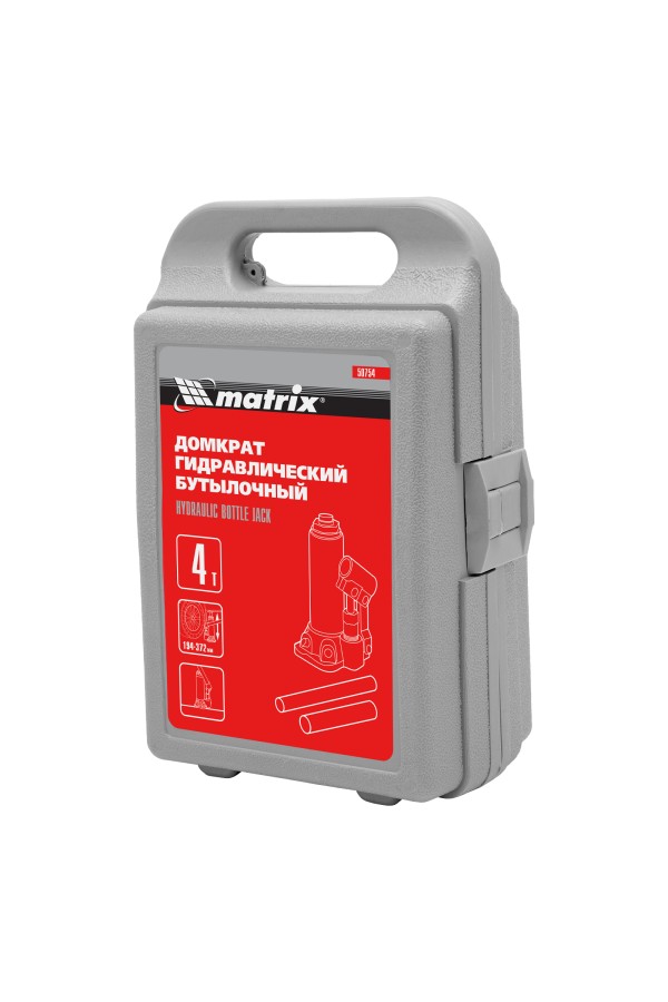 Домкрат гидравлический бутылочный, 4 т, высота подъема 194-372 мм, в пластиковый кейсе Matrix