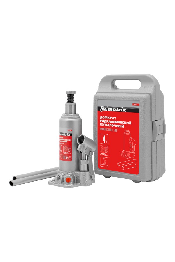 Домкрат гидравлический бутылочный, 4 т, высота подъема 194-372 мм, в пластиковый кейсе Matrix