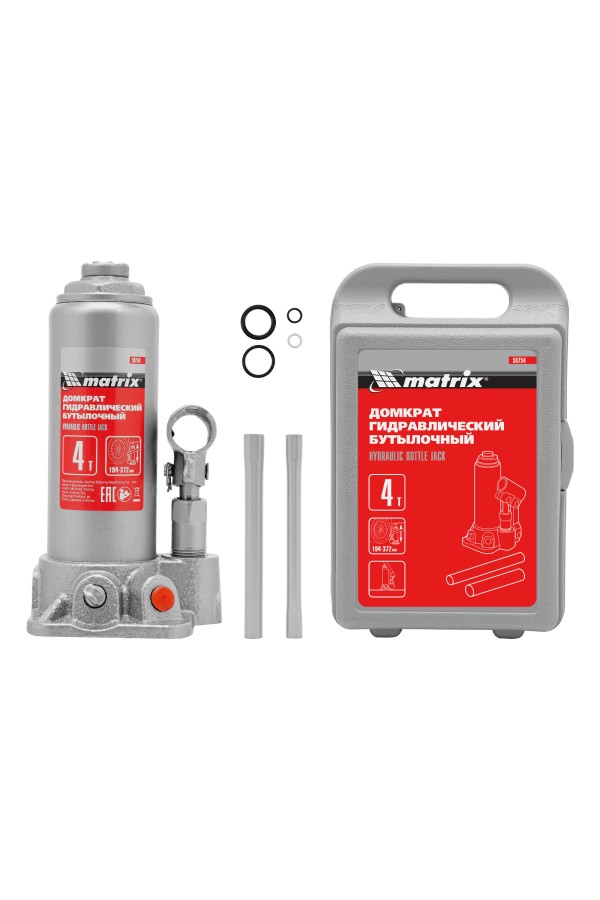 Домкрат гидравлический бутылочный, 4 т, высота подъема 194-372 мм, в пластиковый кейсе Matrix