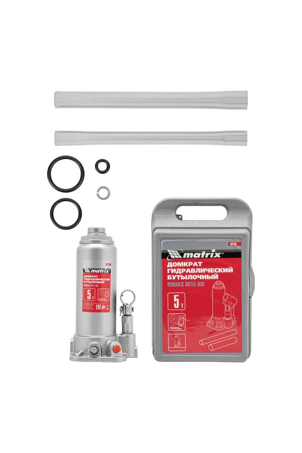Домкрат гидравлический бутылочный, 5 т, высота подъема 216-413 мм, в пластиковый кейсе Matrix