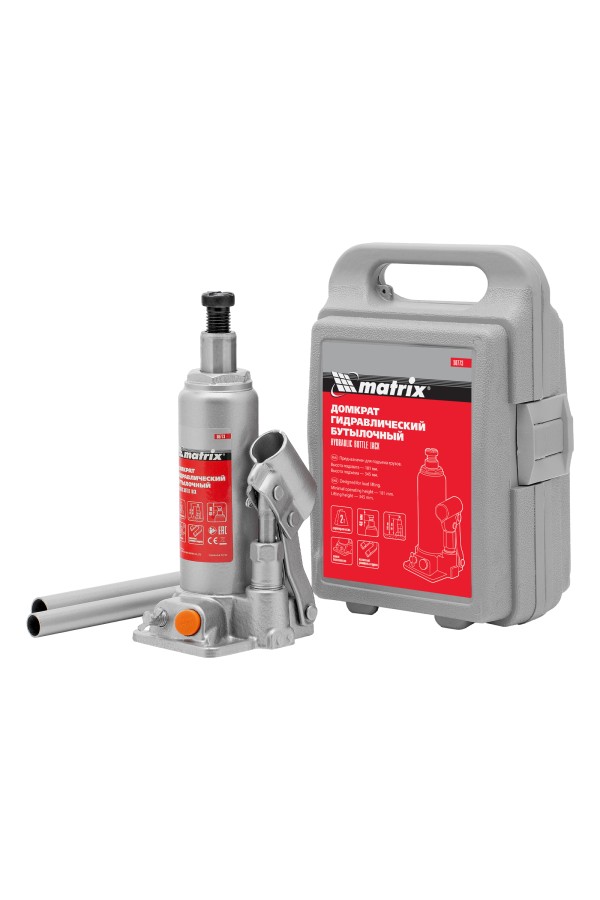 Домкрат гидравлический бутылочный, 2 т, h подъема 181-345 мм, в пластиковом кейсе Matrix