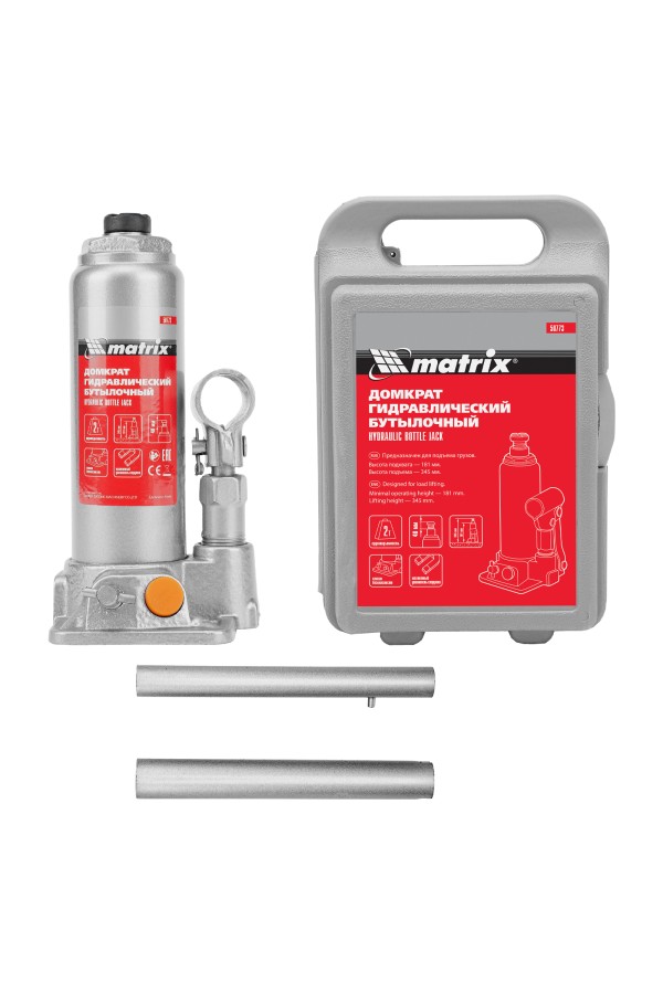 Домкрат гидравлический бутылочный, 2 т, h подъема 181-345 мм, в пластиковом кейсе Matrix