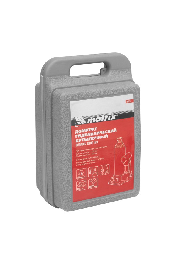 Домкрат гидравлический бутылочный, 3 т, h подъема 178-343 мм, в пластиковом кейсе Matrix