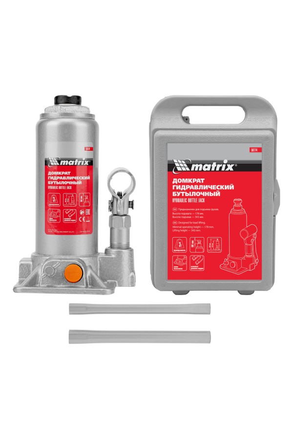 Домкрат гидравлический бутылочный, 3 т, h подъема 178-343 мм, в пластиковом кейсе Matrix