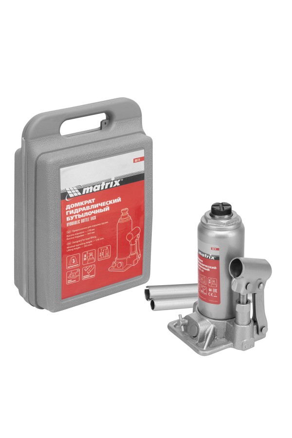 Домкрат гидравлический бутылочный, 3 т, h подъема 178-343 мм, в пластиковом кейсе Matrix