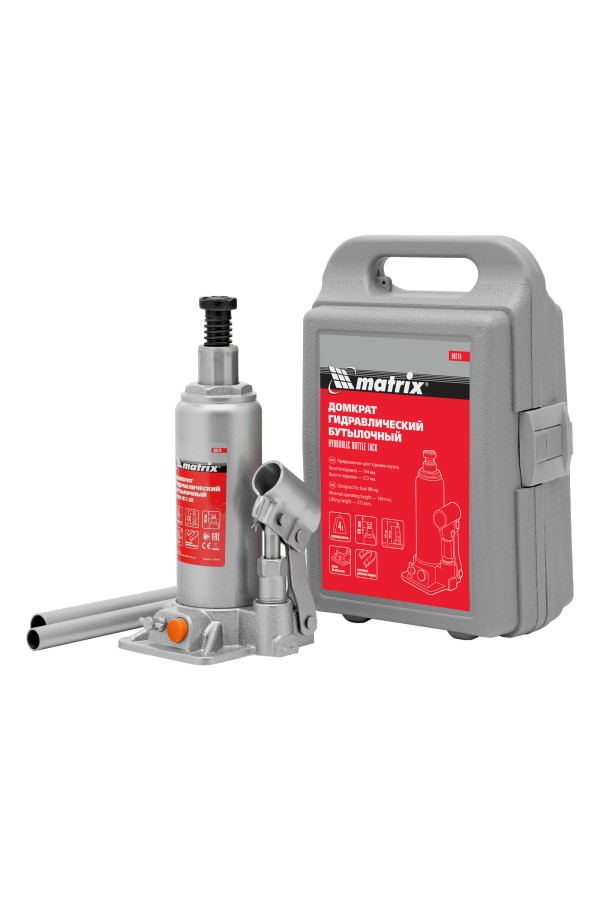 Домкрат гидравлический бутылочный, 4 т, h подъема 194-372 мм, в пластиковом кейсе Matrix