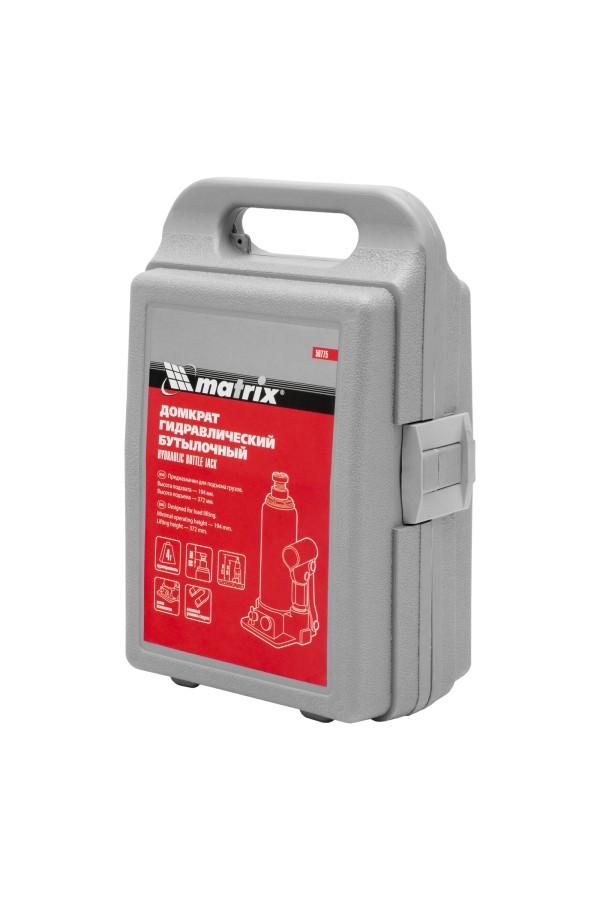 Домкрат гидравлический бутылочный, 4 т, h подъема 194-372 мм, в пластиковом кейсе Matrix