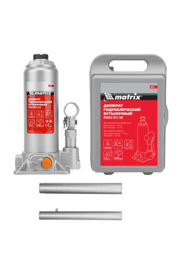 Домкрат гидравлический бутылочный, 4 т, h подъема 194-372 мм, в пластиковом кейсе Matrix