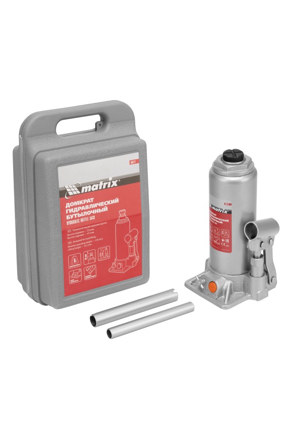 Домкрат гидравлический бутылочный, 6 т, h подъема 216-413 мм, в пластиковом кейсе Matrix