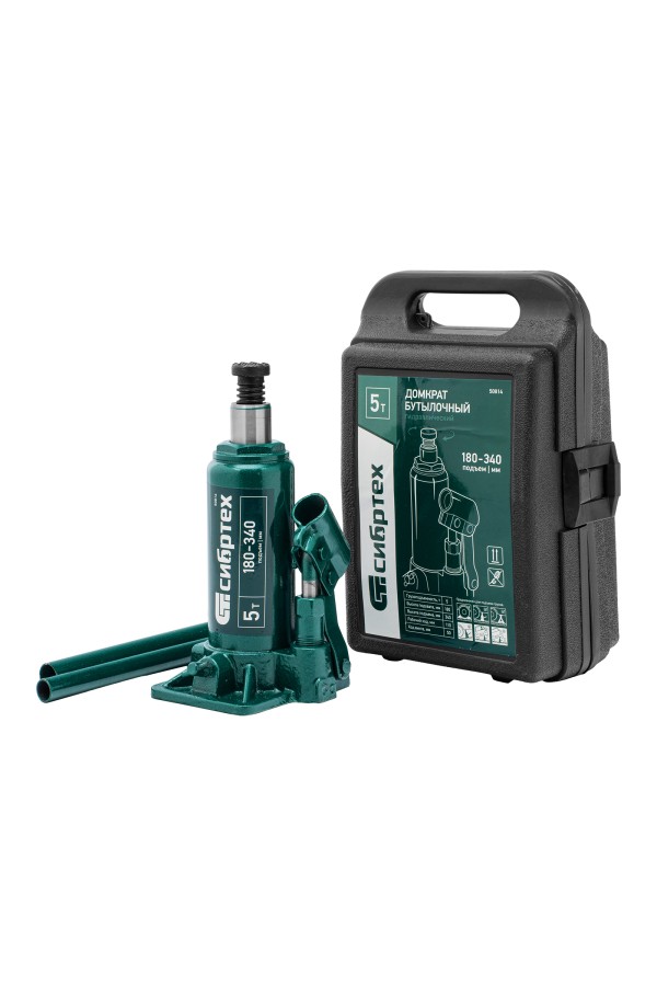 Домкрат гидравлический бутылочный, 5 т, 180-340 мм, в пласт. кейсе Сибртех