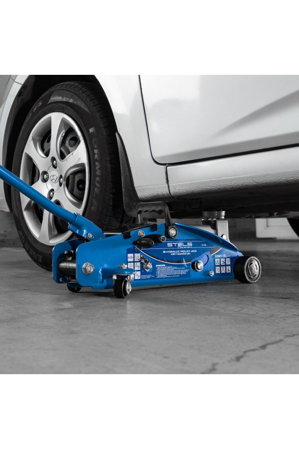 Домкрат гидравлический подкатной 2.5 т, с фиксатором, Safety Pin, 140-385 мм Stels