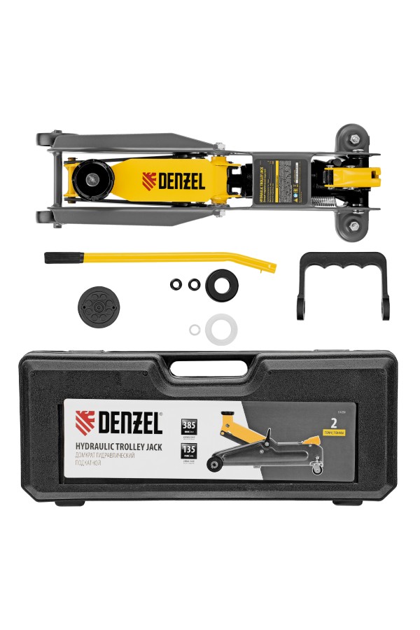 Домкрат гидравлический подкатной, 2 т, 135-385 мм, в пласт. кейсе Denzel