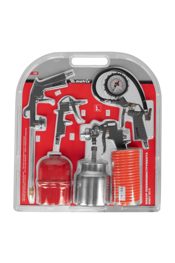 Набор пневмоинструмента, 5 предметов, быстросъемное соединение, краскораспылитель с нижним бачком Matrix