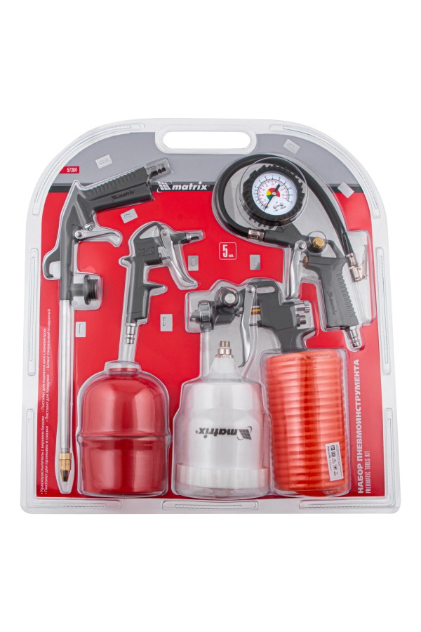 Набор пневмоинструмента, 5 предметов, быстросъемное соединение, краскораспылитель с верхним бачком Matrix
