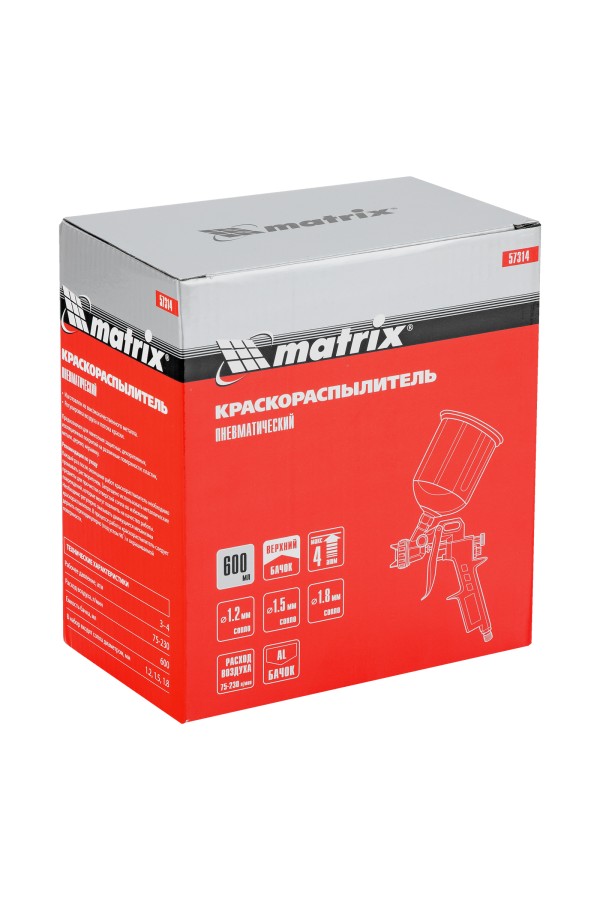 Краскораспылитель пневматический с верхним бачком V 0.6 л, сопло D 1.2, 1.5 и 1.8 мм Matrix
